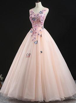 Picture of Charming Pink Flowers Ball Gown Long Sweet 16 Dresses, Pink Formal Dresses